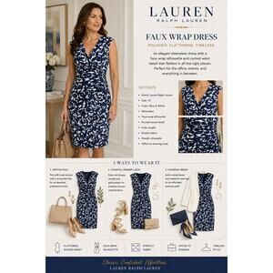 Lauren Ralph Lauren Faux Wrap Dress Blue White Ruched Office Career 10